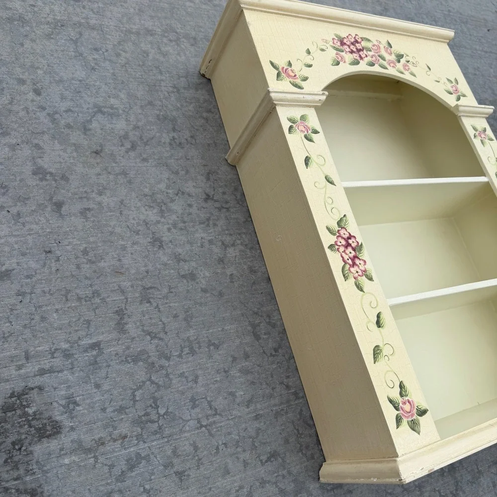 Vtg Home Interiors Floral Wall Shelf Cream Crackle Pink Rose Purple Hydrangea
